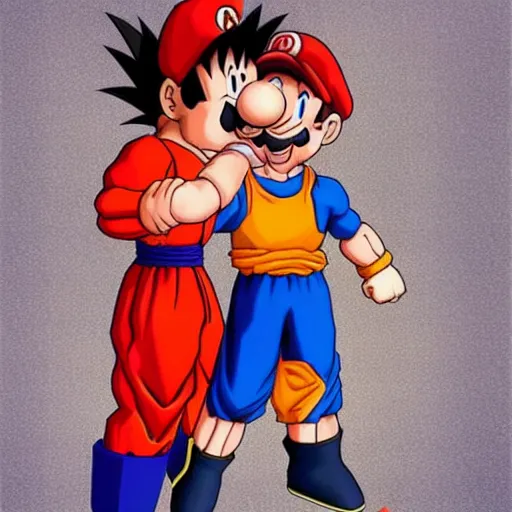 Prompt: realistic goku from dragonball z kissing a realistic mario.