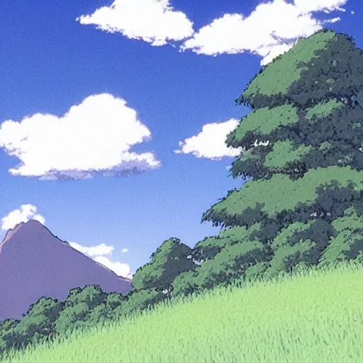 Prompt: a peaceful mountain overlooking a field, studio ghibli