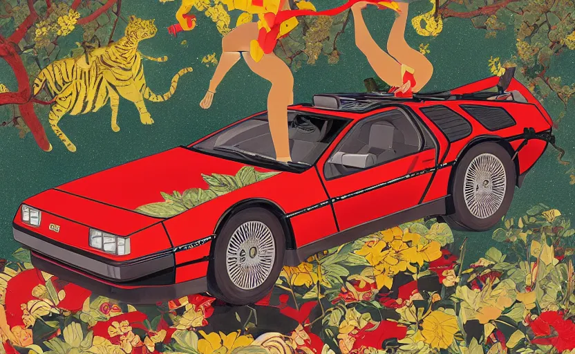 Image similar to a red delorean and yellow tiger, art by hsiao - ron cheng and utagawa kunisada, magazine collage, # de 9 5 f 0