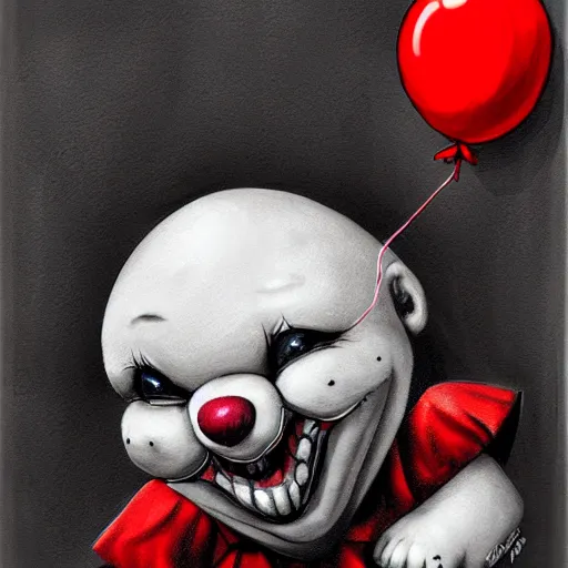 Image similar to surrealism grunge cartoon portrait sketch of a teddy bear with a wide smile and a red balloon by - michael karcz, loony toons style, pennywise style, horror theme, detailed, elegant, intricate