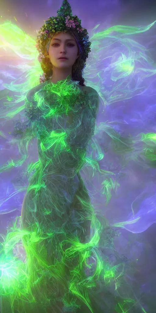 Image similar to flower goddes, concept character, beautiful, stunning, green mist, radiating power, energy, god rays, luminescence, fractal, unreal engine, 8k