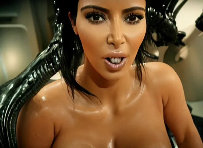 Image similar to film still of kim kardashian being ingested by an xenomorph, alien goo, transparent goo, transparent liquid, saliva, 8 k