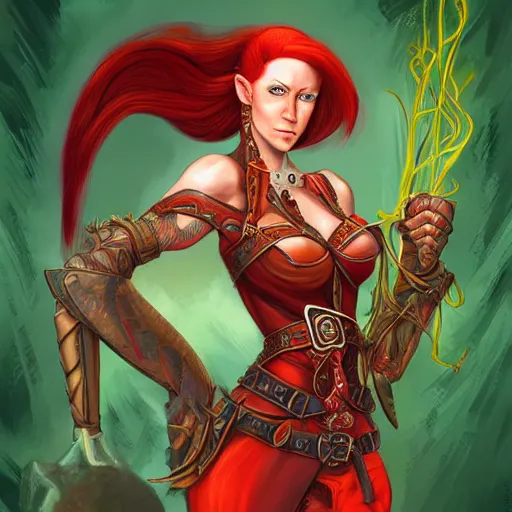 Image similar to D&D portrait female half elf artificer with red hair shaved on the sides, digital illustration by terese nielsen
