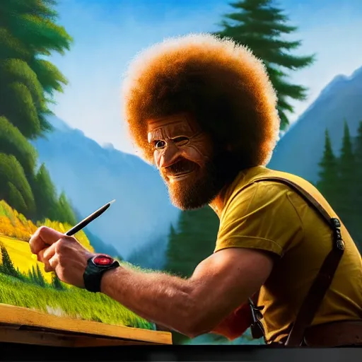 Image similar to a closeup photorealistic photograph of bob ross working on a canvas painting of deadpool. film still. brightly lit scene. mountains and trees. this 4 k hd image is trending on artstation, featured on behance, well - rendered, extra crisp, features intricate detail, epic composition and the style of unreal engine.