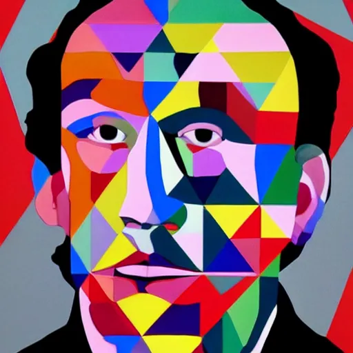 Image similar to a painting of a man's face made up of triangles, a pop art painting by Milton Glaser, featured on behance, crystal cubism, pop art, anaglyph effect, anaglyph filter