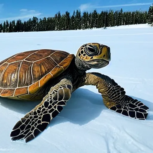 Prompt: giant turtles on snow skis