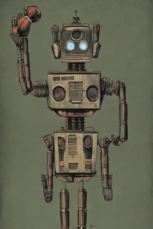 Image similar to long shot of a 1950s retro Cactus robot, with space above the head. full body framed. Bionic cacti Arms and eyes. pop surrealism, muted colours. by Jean-Baptiste Monge, wide shot