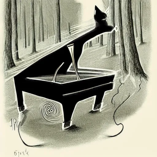 Prompt: a fantasy drawing of a creature that has the body of a grand piano and the feet and tail of a cat, standing in the middle of the woods.