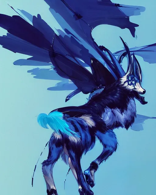 Image similar to concept art of winged wolf neon blue and black, highly detailed painting by dustin nguyen, akihiko yoshida, greg tocchini, 4 k, trending on artstation, 8 k