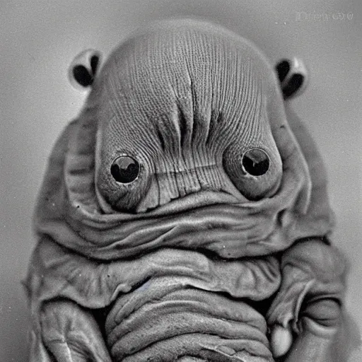 Image similar to tardigrade!!! humanoid. daguerreotype portrait photograph. inspired by gerard grom and ansel adams. beautiful. cute. happy. highly detailed. old timey.