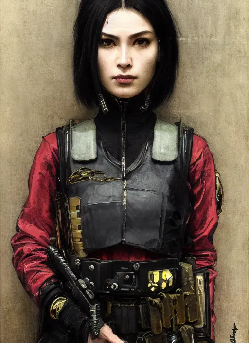 Prompt: Nikki. beautiful cyberpunk Samurai woman wearing a military vest and military jumpsuit (cyberpunk 2077, bladerunner 2049). gorgeous face. Iranian orientalist portrait by john william waterhouse and Edwin Longsden Long and Theodore Ralli and Nasreddine Dinet, oil on canvas. Cinematic, hyper realism, realistic proportions, dramatic lighting, high detail 4k