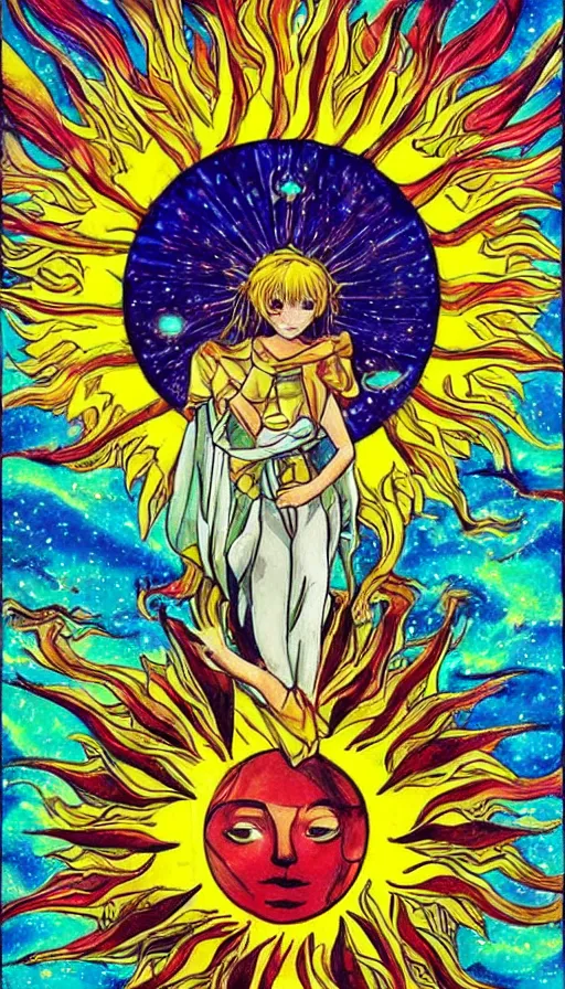 Image similar to the sun, art, anime, bright light, positive vibes based on the Tarot card The Sun