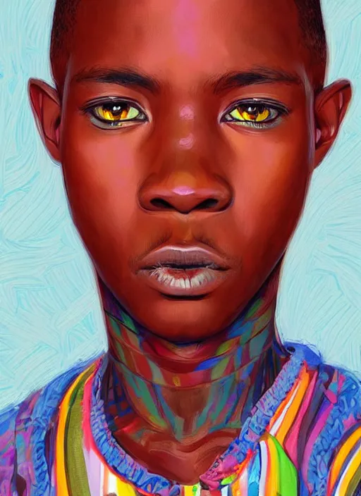 Prompt: colourful upper half portrait of an african boy - art by aya takano, highly detailed, digital painting, illustration, smooth, sharp focus, intricate, symmetry, pinterest, behance, artstation