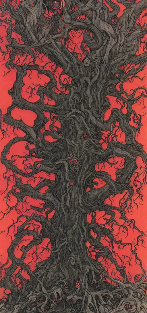 Image similar to a demonic tree with red eyes by rebecca guay, 8 k, drawing