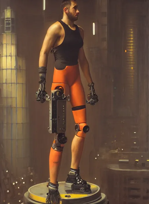 Image similar to cyberpunk olympic weightlifter with robotic arms wearing a jumpsuit ( blade runner 2 0 4 9, cyberpunk 2 0 7 7 ). orientalist portrait by john william waterhouse and james gurney and theodore ralli and nasreddine dinet, oil on canvas. cinematic, hyper realism, realistic proportions, dramatic lighting, high detail 4 k