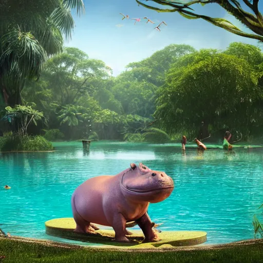 Image similar to 3D render of an anthropomorphic hippo wading in a pool at a beautiful and lush park. There is a jungle in the background, summer, warm gentle lighting, anatomy portrait, fullbody, symmetrical, 3D, with lightning, ultra colourful clean design, beksinski, carl spitzweg, Beeple, and Tuomas Korpi and bouguereau, good clear quality, warm lighting, biology, symmetrical artwork, perfect face, 135 mm, cinematic, hyper realism, high detail, octane render, Maya Render, 8k, pink and green accents