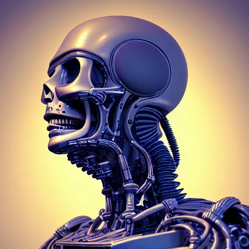 Image similar to portrait of cybernetic overlord of the metaverse, skull, upper torso included, medium shot, 1 0 0 mm lens, hard surface, ceramics, reflections, ambient occlusion, raytracing, unreal engine 5, pixel art 8 - bit, by beeple