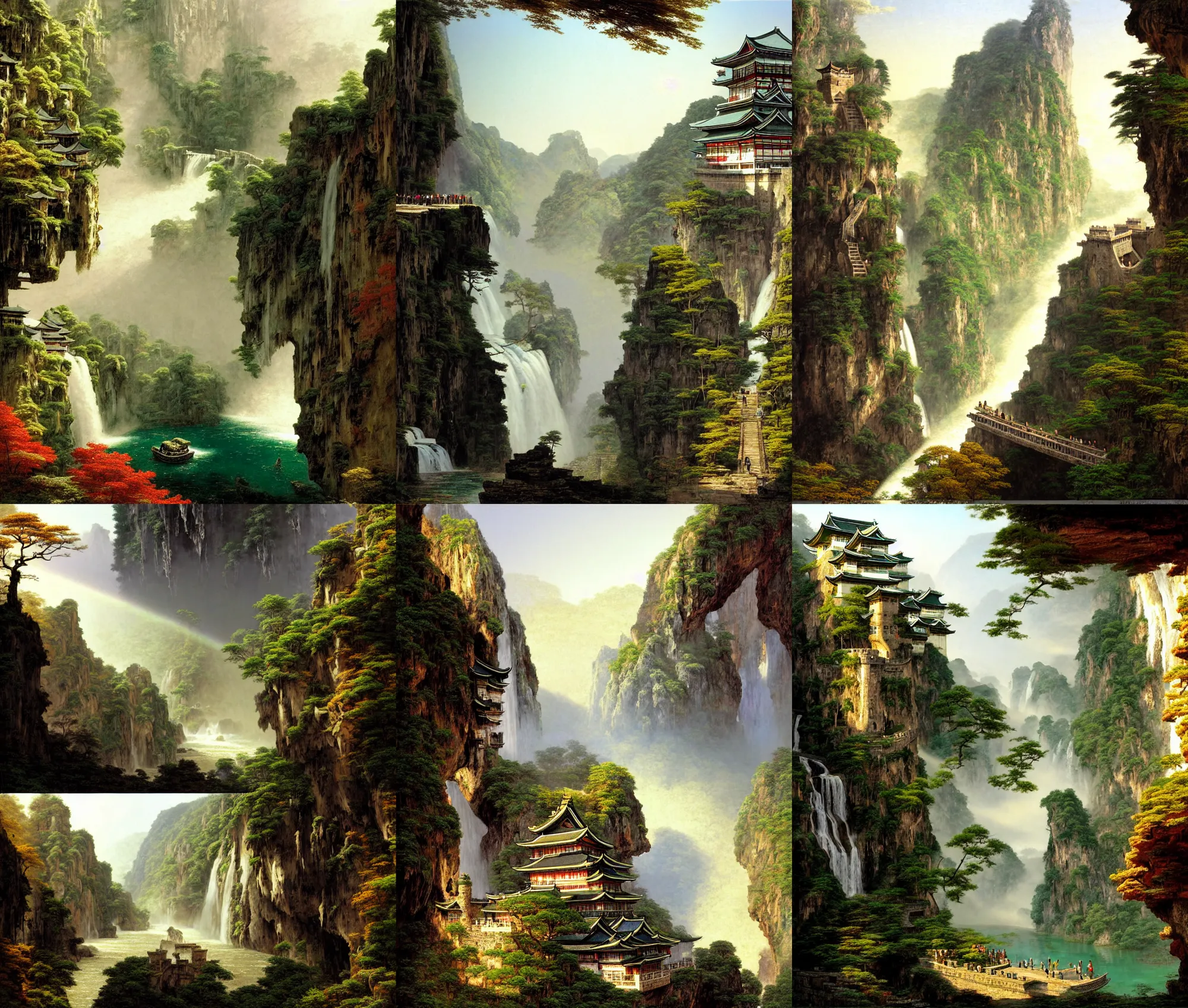 Prompt: establishing wide shot inside han son doong with waterfalls on either side of the cliff walls, at the top of the cliff is a japanese castle, a cloister is built into the cliff walls, an old suspension bridge spans the walls, sunny morning light, sunbeam, saturated colors, detailed digital concept art by albert bierstadt and canaletto and greg rutkowski