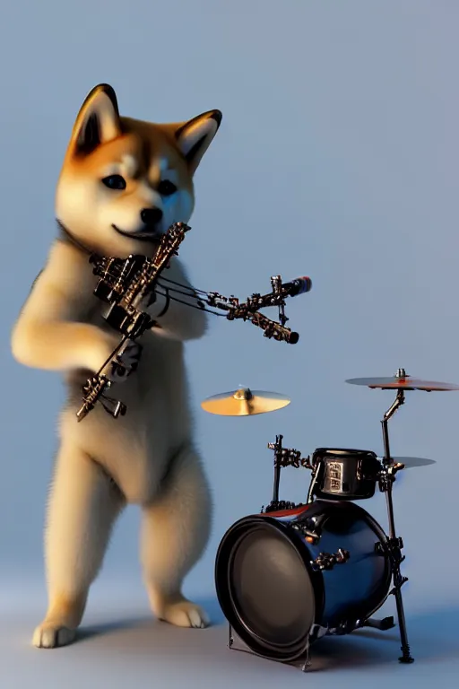 Image similar to high quality 3 d render very cute cyborg! shiba inu plays drums, cyberpunk highly detailed, unreal engine cinematic smooth, in the style of blade runner & pixar, hannah yata charlie immer, moody light, low angle, uhd 8 k, sharp focus