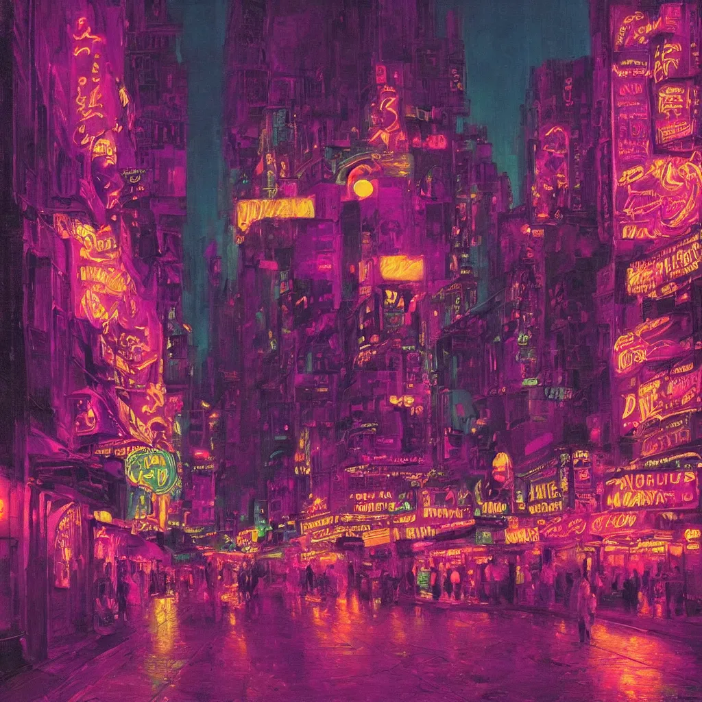 Image similar to a neon seedy city at night. in the style of delphin enjolras. purple color scheme. intricate. highly detailed.