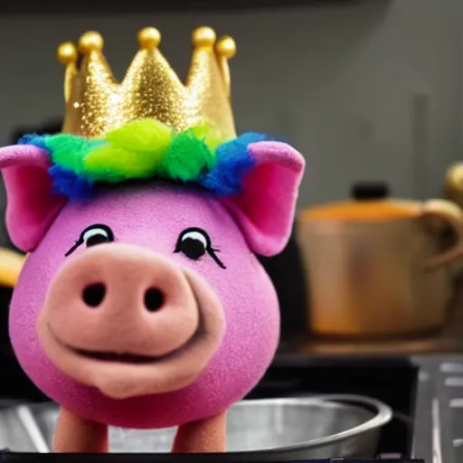 Image similar to rainbow pig wearing a gold crown as a Muppet cooking on stove 8k