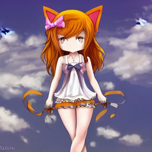 Prompt: portarait anime chibi smiling girl with cat ears, redhead, floating on a cloud, trending on artstation , high resolution, highly detailed