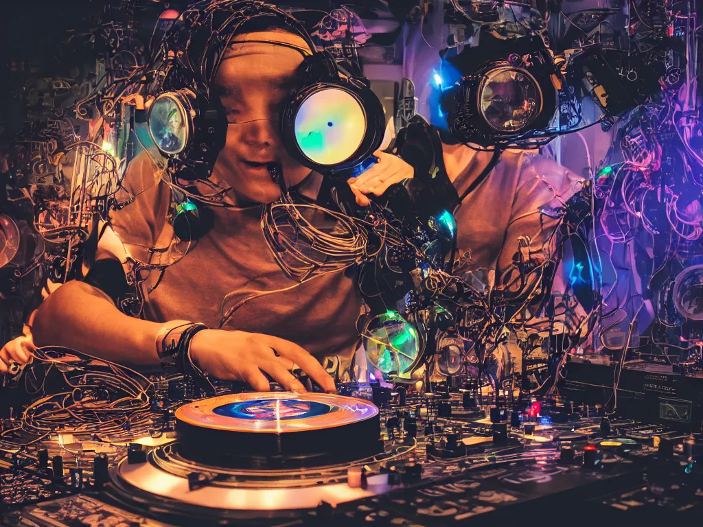 Prompt: a person wearing goggles and visor and headphones using a steampunk record player contraption, wires and tubes, turntablism dj scratching, intricate planetary gears, cinematic, imax, sharp focus, leds, bokeh, iridescent, black light, fog machine, hazy, lasers, hyper color digital art