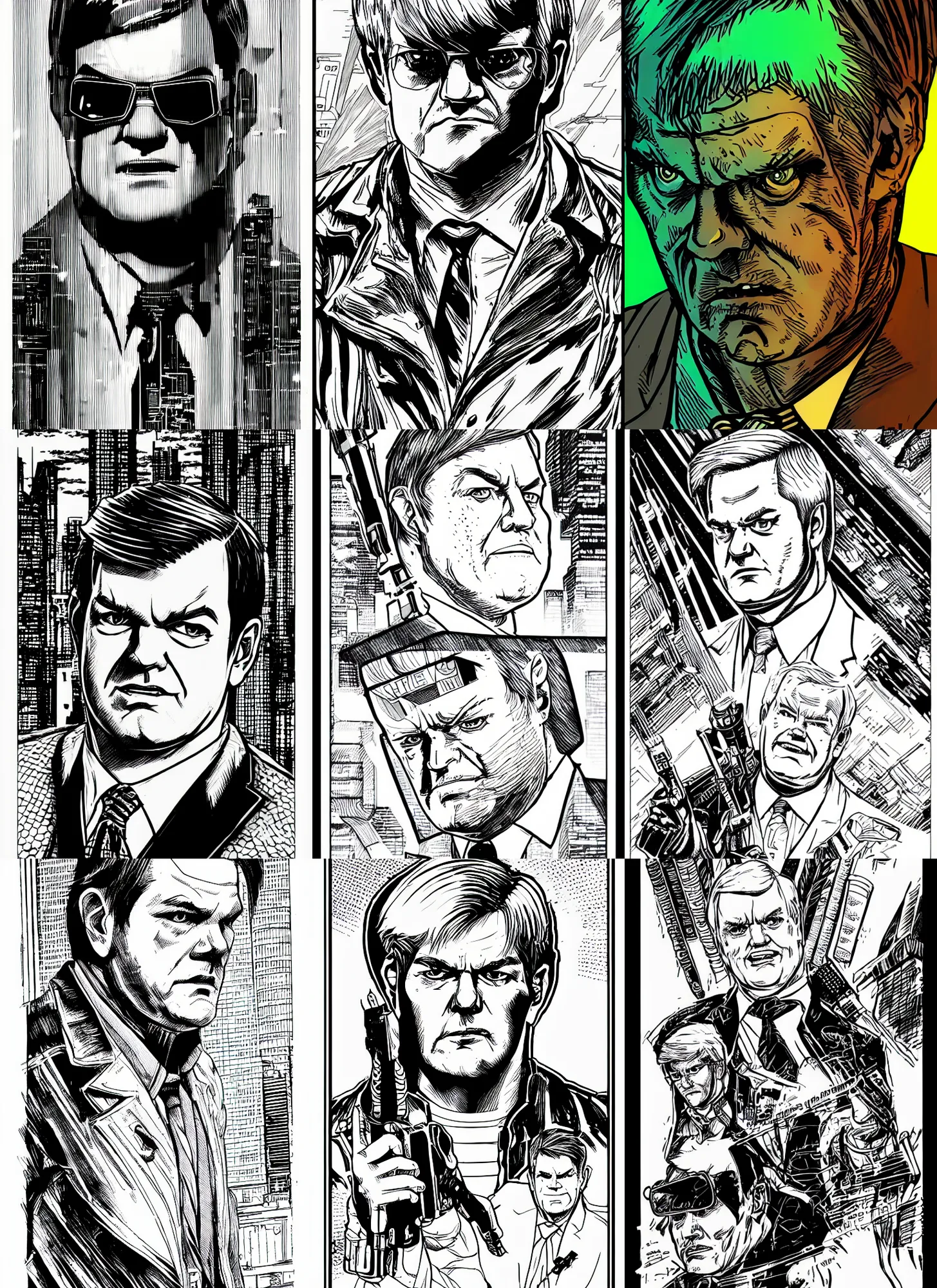 Prompt: newt gingrich, portrait, cyberpunk 2 0 2 0 manual, by steampoweredmikej, inktober, ink drawing, black and white, coloring pages, manga, highly detailed