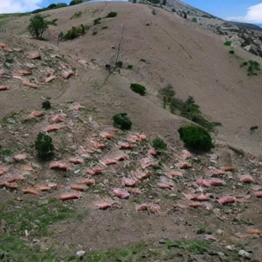 Prompt: hillside made of raw chicken skin