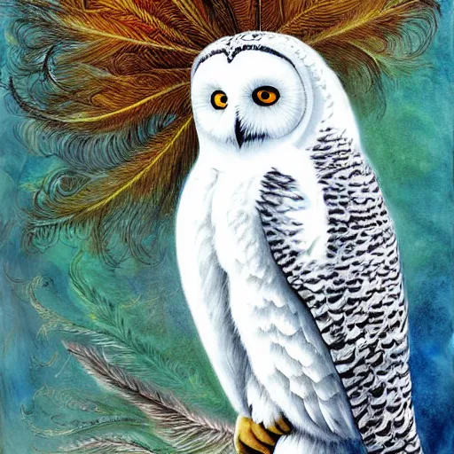 Prompt: beautiful white snowy owl with long flowing tail of peacock feathers detailed painting in the style of josephine wall 4 k