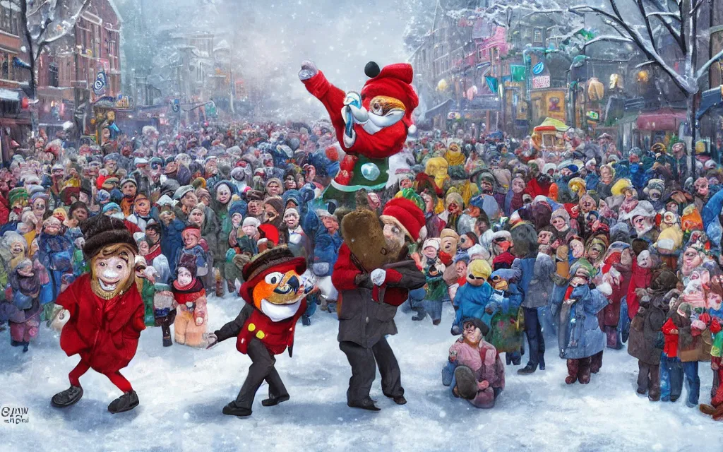Prompt: winter festival. a mascot dances in the street with the mayor of the town. they are having fun, but the crowd has a strange feeling of remorse, as if they are witnessing something that is morally wrong. highly detailed digital art. trending on artstation