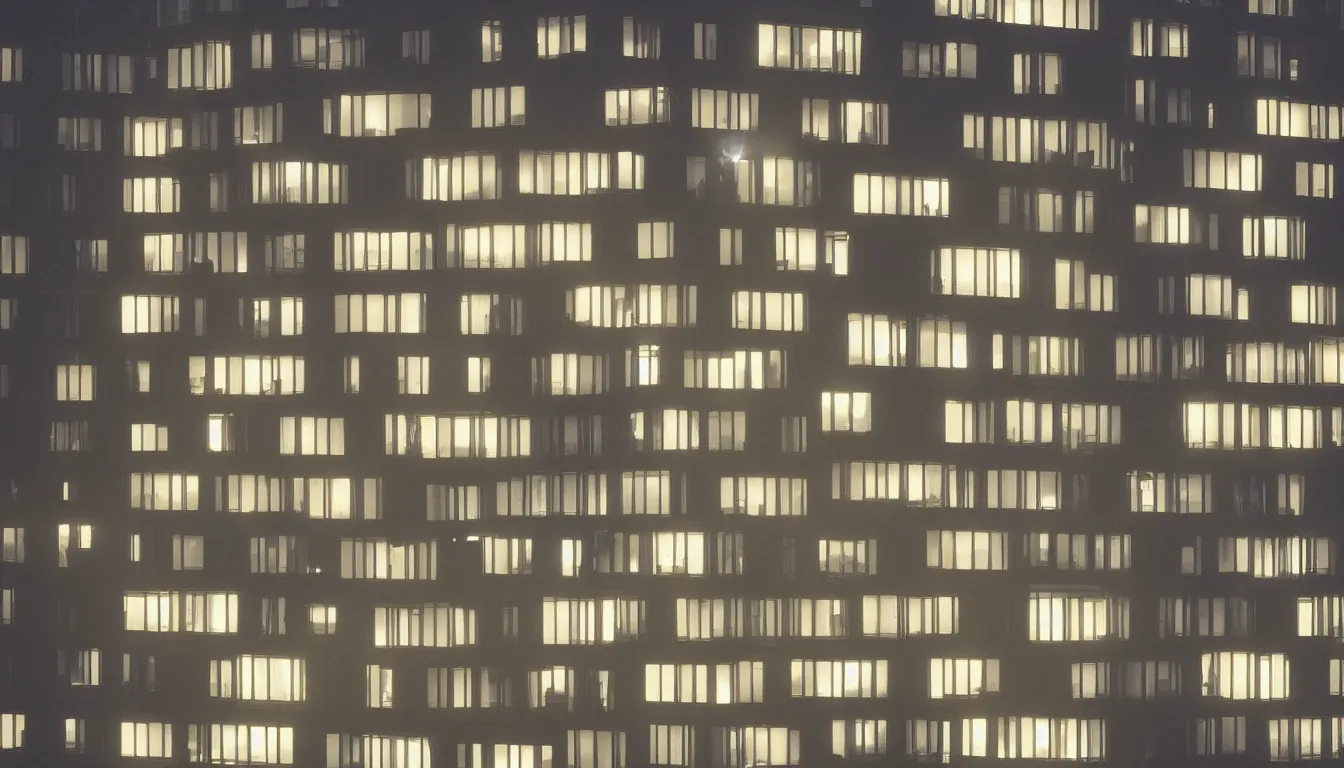 Image similar to Spying into the windows of a small tower block from outside , observing the private lives of the human inhabitants, volumetric lighting shines through the misty nighttime sky