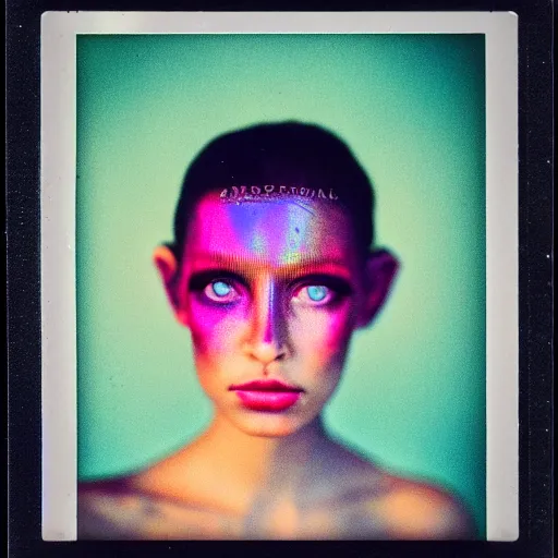 Image similar to grainy color polaroid of a beautiful alien, feminine, iridescent eyes, intricate detail, sigma 85mm f/1.4, 4k