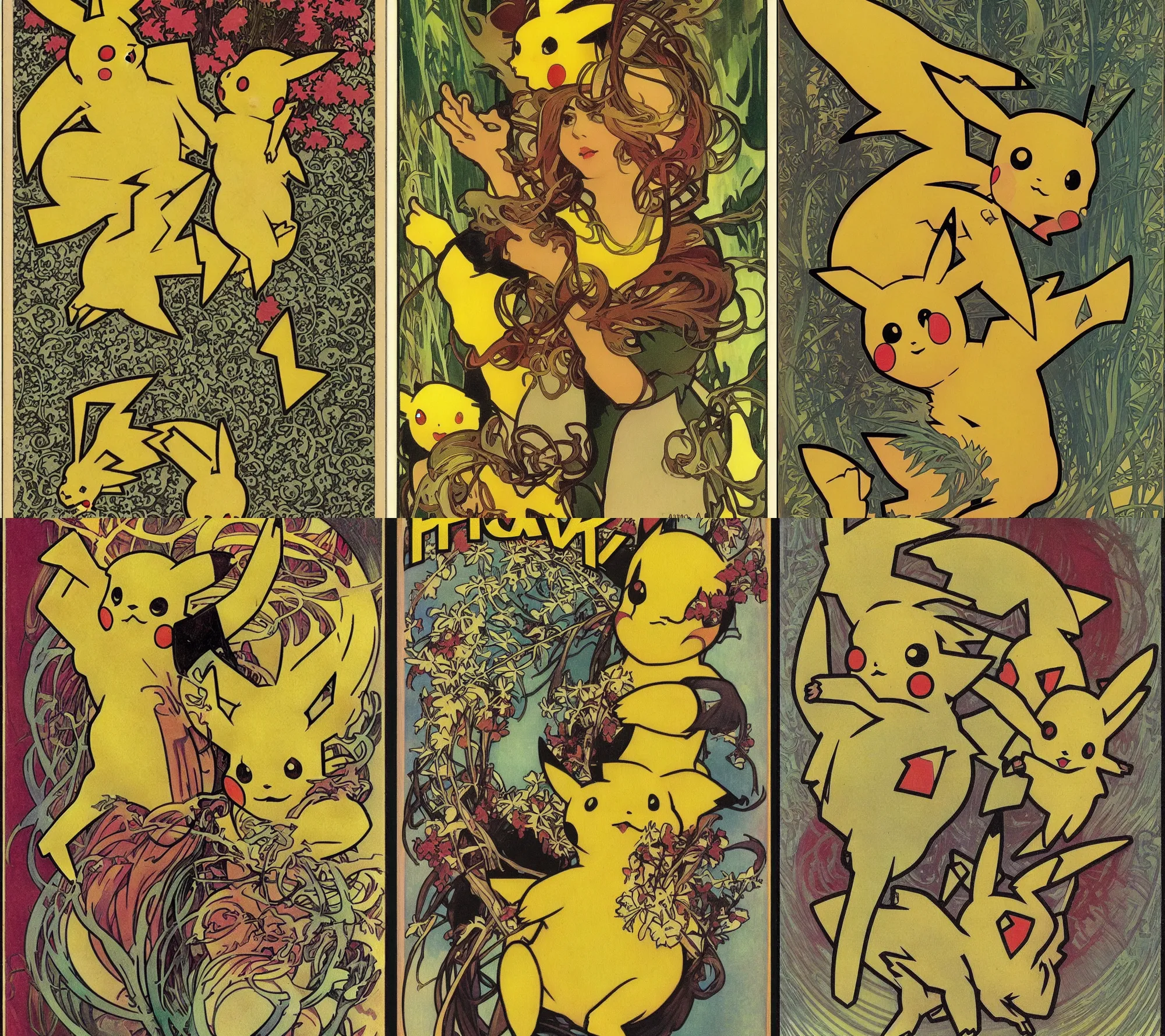 Prompt: Pikachu trading card by Alphonse Mucha.