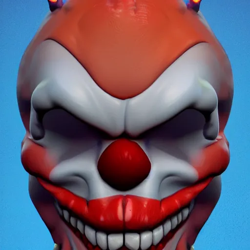 Image similar to 3d sculpt of an evil clown face with bat wings, skull, artstation, digital illustration