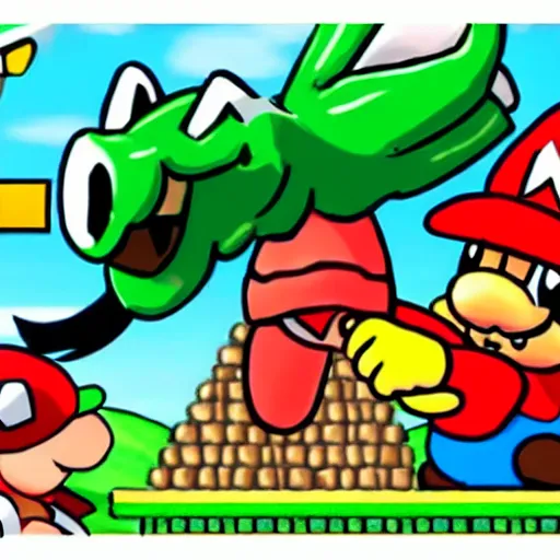 Prompt: a koopa getting killing mario in revenge for jumping on his family