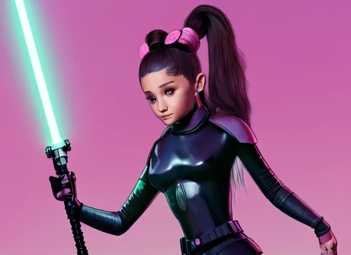 Prompt: An extremely detailed photo of Ariana Grande in the Star Wars universe witha pink lightsaber held in one hand Maximum detail on artstation, photo realism, vivd details, vivd colour, volumetric lighting. anime art style