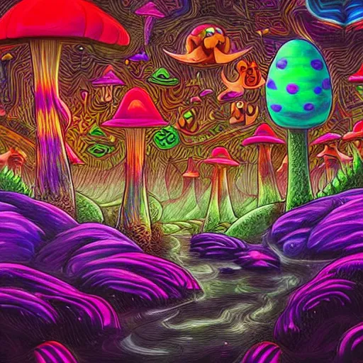 Image similar to psychedelic mushroom kingdom, dmt, landscape, river, trending on artstation, detailed