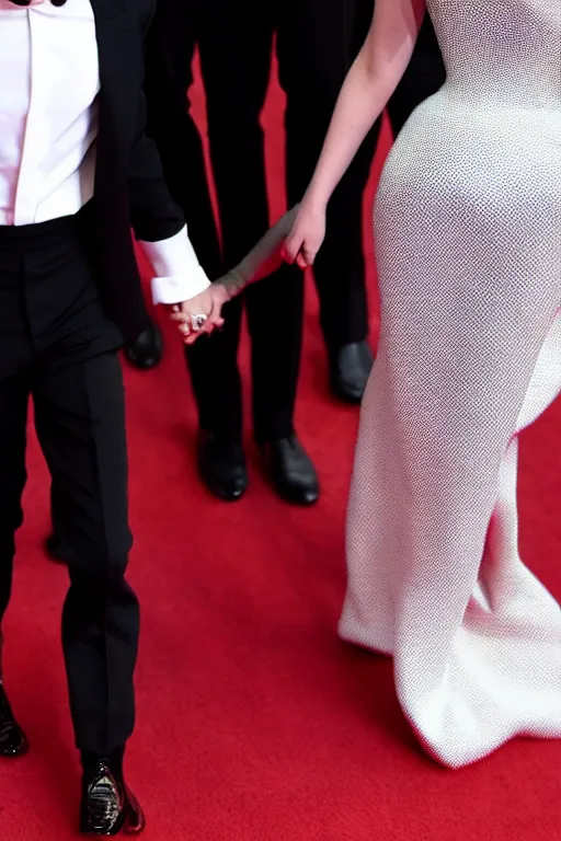 Image similar to timothee chalamet and lady gaga holding hands on the red carpet, beautiful detailed faces