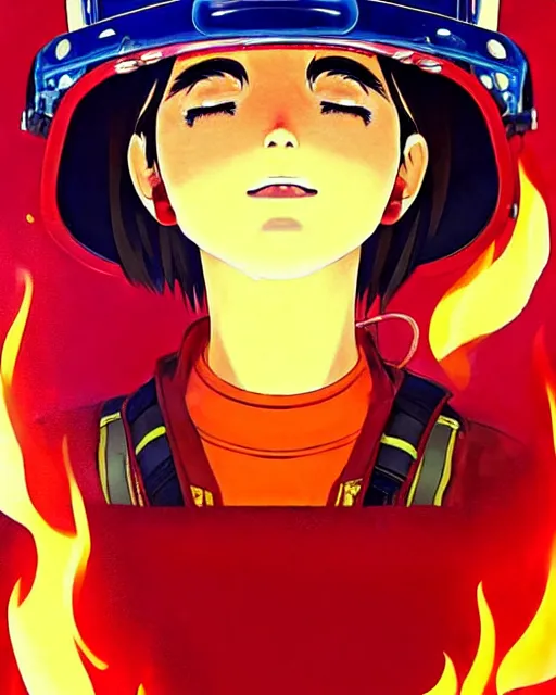 Image similar to fireman, fire helmet, flames background | | very very anime!!!, fine - face, audrey plaza, realistic shaded perfect face, fine details. anime. realistic shaded lighting poster by ilya kuvshinov katsuhiro otomo ghost - in - the - shell, magali villeneuve, artgerm, jeremy lipkin and michael garmash and rob rey