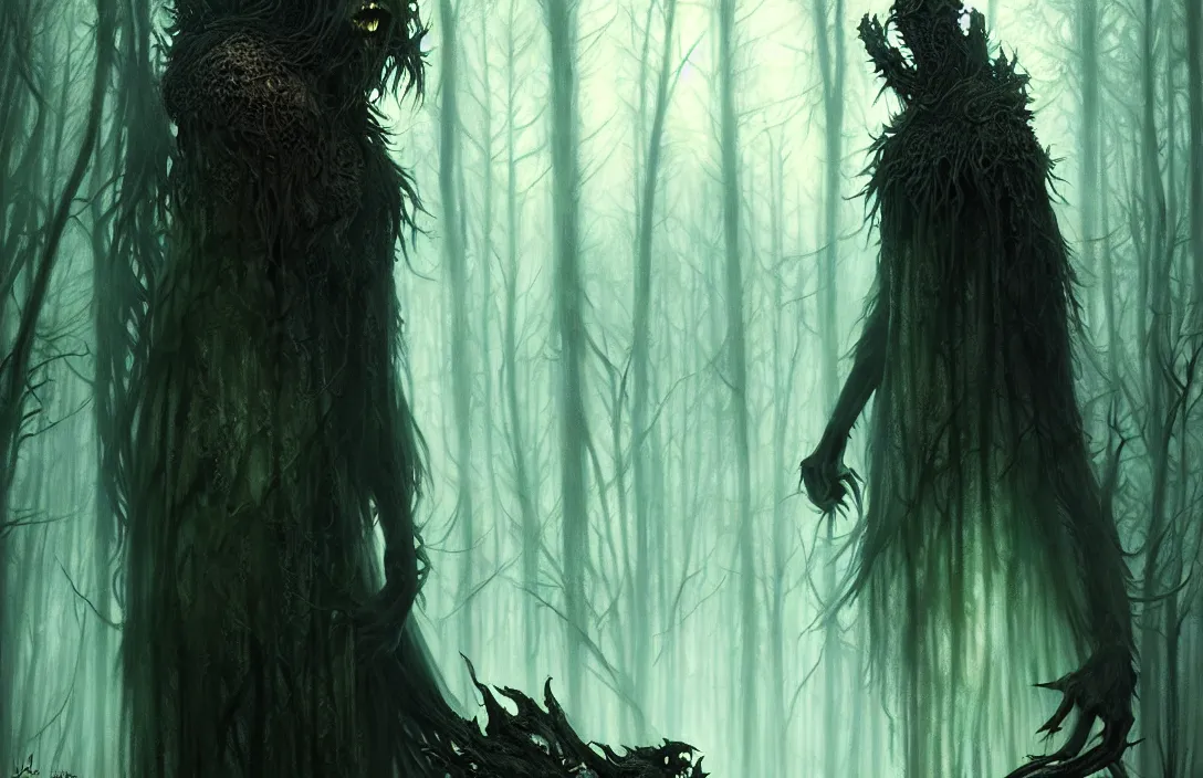 Image similar to monster inside a dark horror forest, heroic lighting, folklore, intricate, elegant, highly detailed, lifelike, photorealistic, digital painting, artstation, illustration, concept art, smooth, sharp focus, art by John Collier and Albert Aublet and Krenz Cushart and Artem Demura and Alphonse Mucha