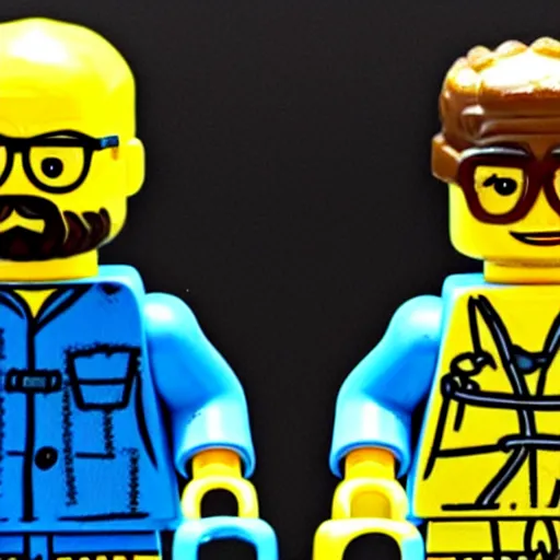 Image similar to LEGO Walter White and LEGO Gus Fring cooking meth with LEGO Obama in yellow jumpsuits