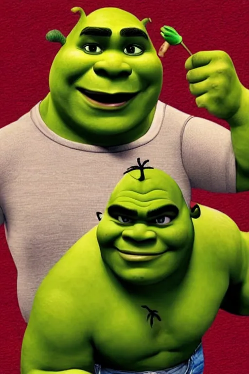 Image similar to buff shrek, tinder profile,