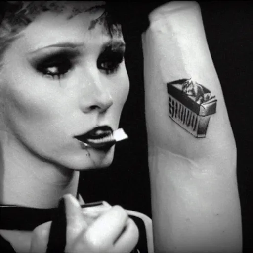 Prompt: tattoo of rachel from 1982 bladerunner smoking in tyrell's office