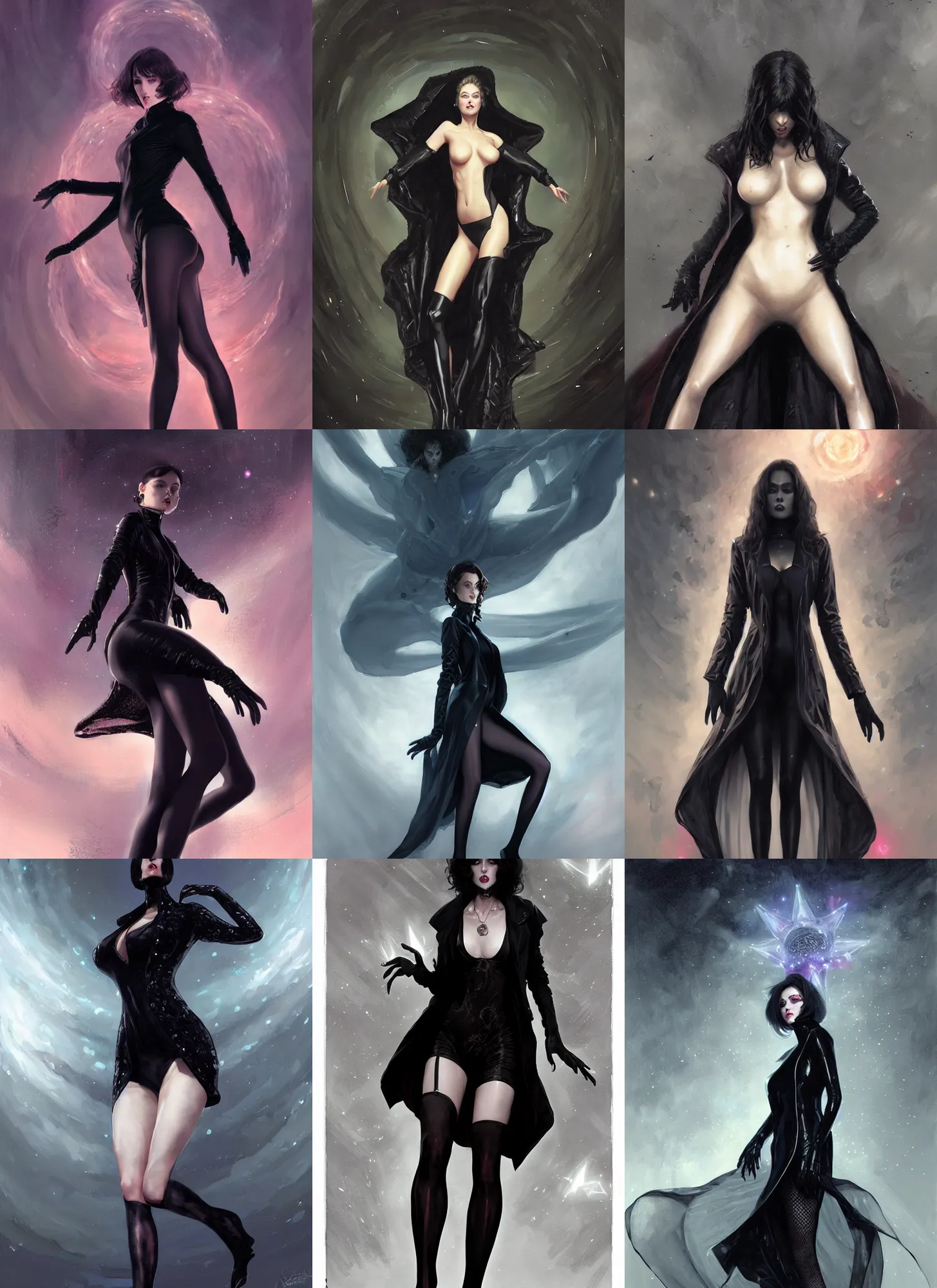Prompt: lady in black coat and pantyhose in cosmic horror style, giant star, intricate, seductive confident pose, realistic, extremly high detailed, digital painting, art by ross tran and greg rutkowski and edgar maxence
