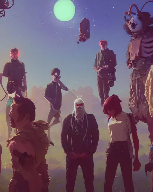 Image similar to highly detailed vfx group portrait of man with a mission, stephen bliss, unreal engine, greg rutkowski, loish, rhads, beeple, makoto shinkai and lois van baarle, ilya kuvshinov, rossdraws, tom bagshaw, alphonse mucha, global illumination, detailed and intricate environment