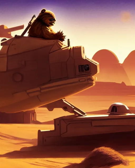 Prompt: an ewok driving a landspeeder on tatooine, detailed, cell shaded, 4 k, warm colours, concept art, by wlop, ilya kuvshinov, artgerm, krenz cushart, greg rutkowski, pixiv. cinematic dramatic atmosphere, sharp focus, volumetric lighting, cinematic lighting, studio quality