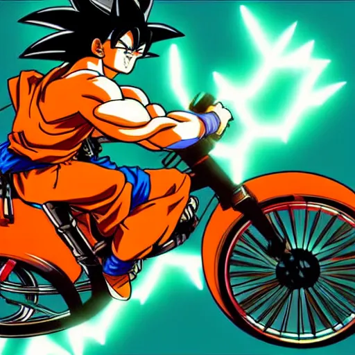 Image similar to Goku riding a electric neon bike, Yoji Shinkawa