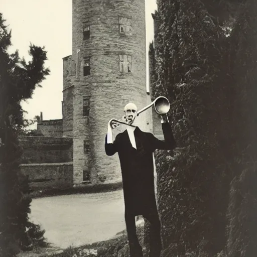 Image similar to vintage photograph of count orlok outside his castle, playing trombone, castle in the background, 4 k