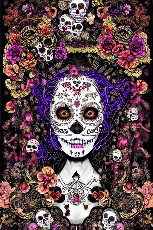 Image similar to baroque bedazzled gothic royalty frames surrounding a pixelsort emo demonic horrorcore Japanese Illustration of a sugar skull day of the dead girl, art by satoshi kon, sharpened early computer graphics, remastered chromatic aberration